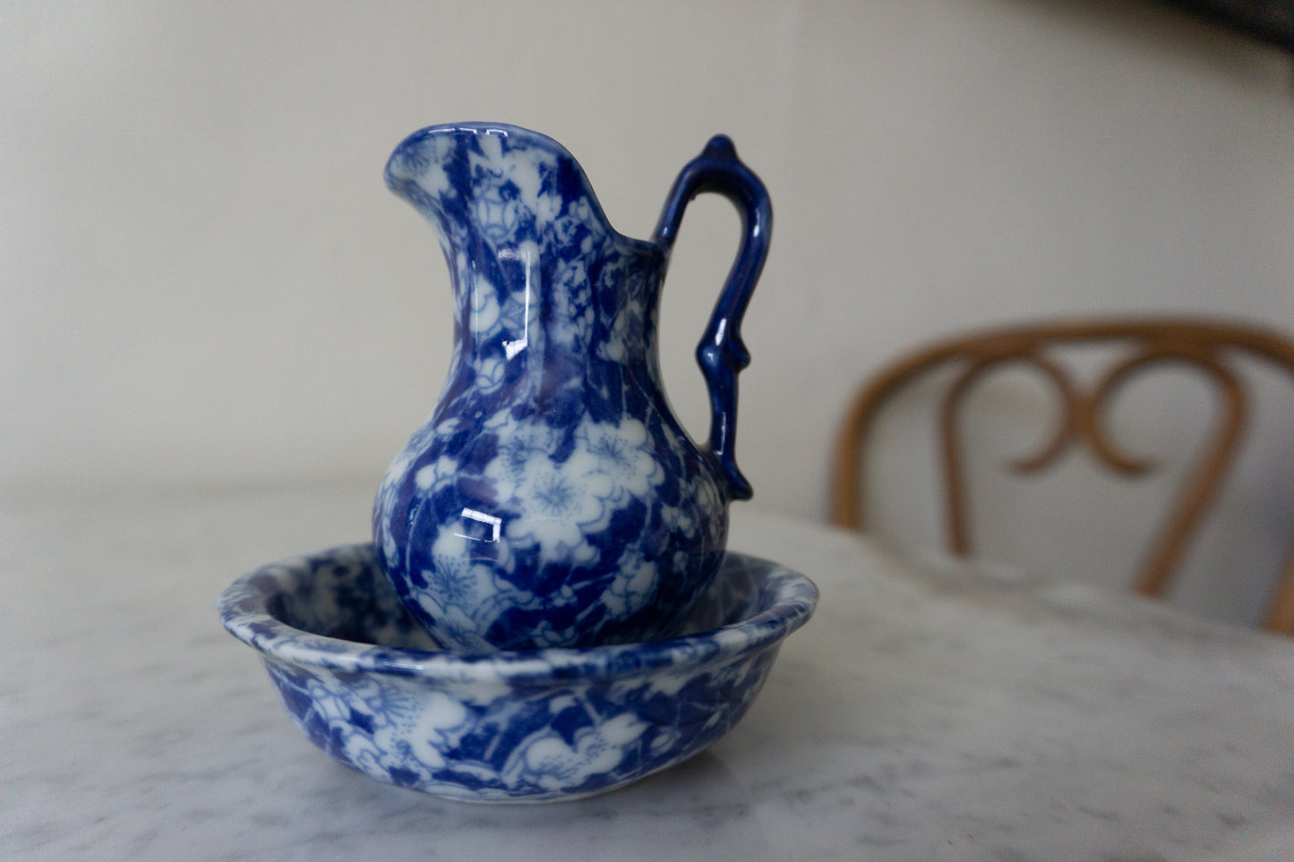 Vintage Victoria Ware Ironstone Pitcher and Basin Blue Floral Calico 4” Mini