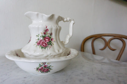 Athena California Rose Pattern White and Red Floral Matching Set Pitcher & Basin / Bowl