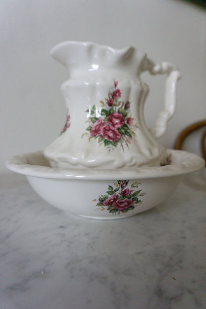 Athena California Rose Pattern White and Red Floral Matching Set Pitcher & Basin / Bowl