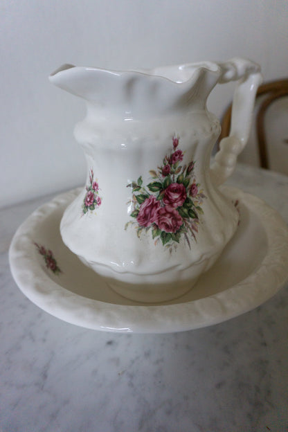 Athena California Rose Pattern White and Red Floral Matching Set Pitcher & Basin / Bowl