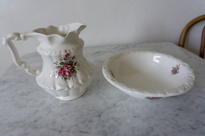 Athena California Rose Pattern White and Red Floral Matching Set Pitcher & Basin / Bowl