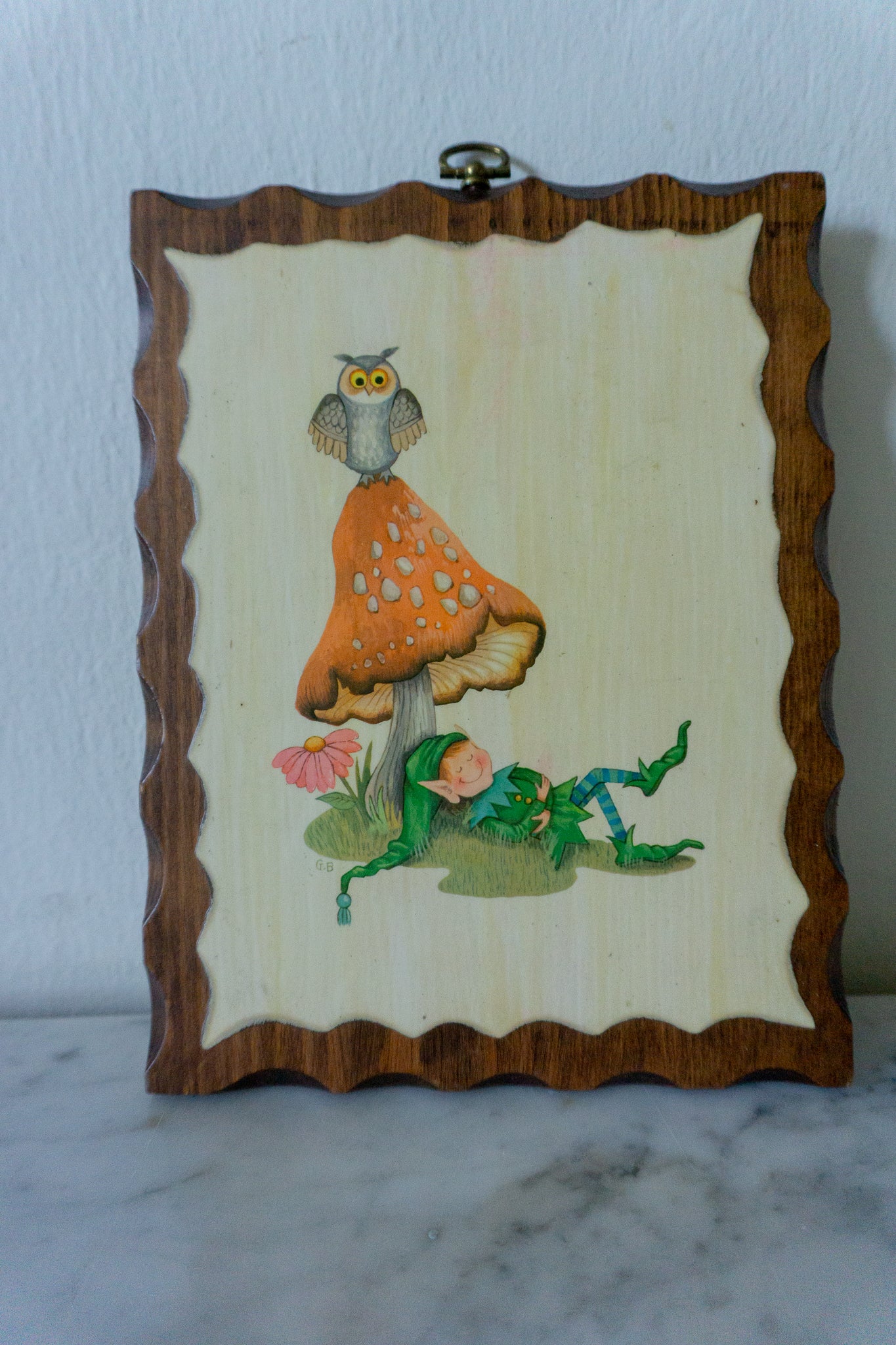 Mushroom Elf and Owl Wood Wall Hanging