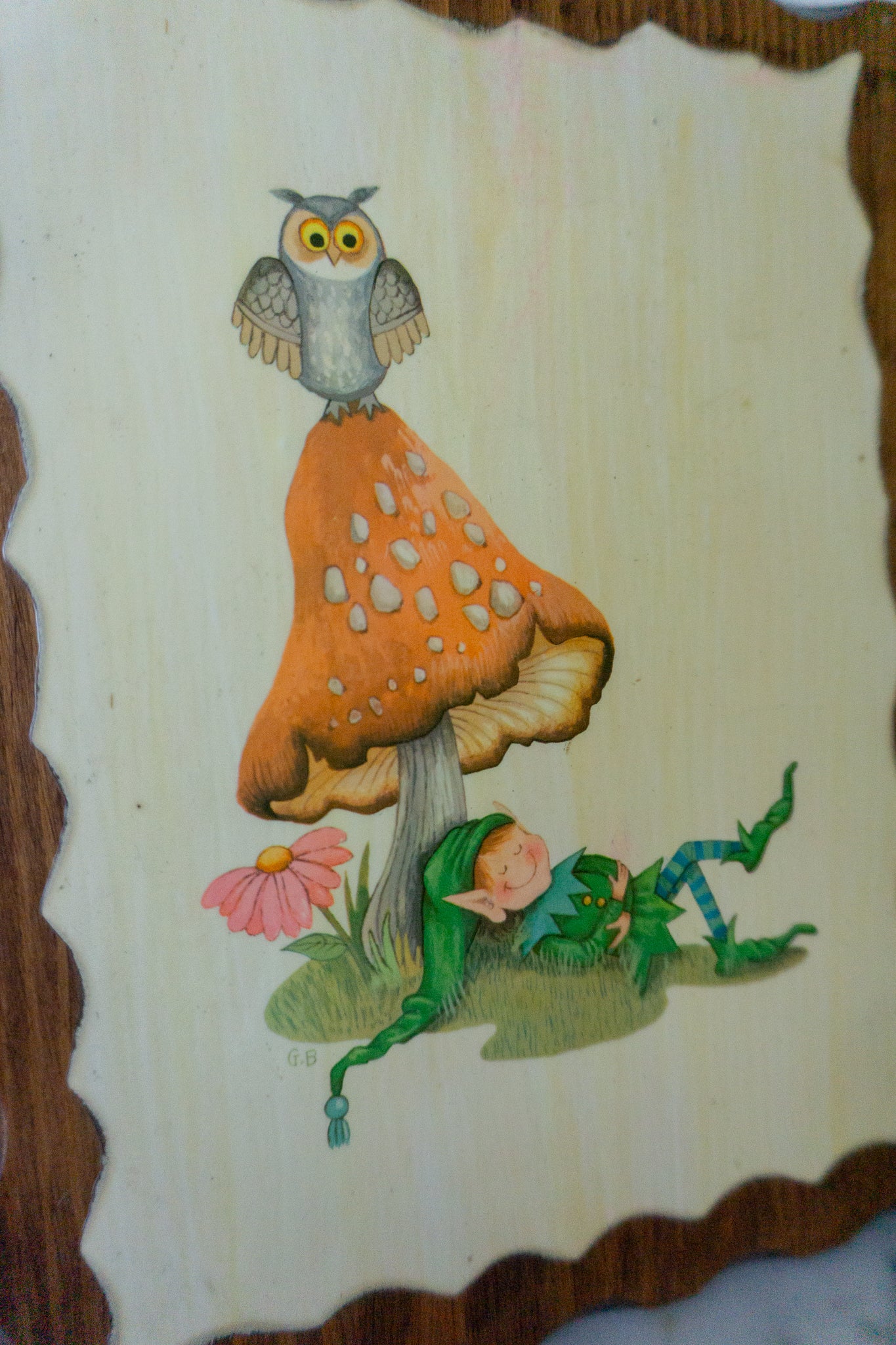 Mushroom Elf and Owl Wood Wall Hanging