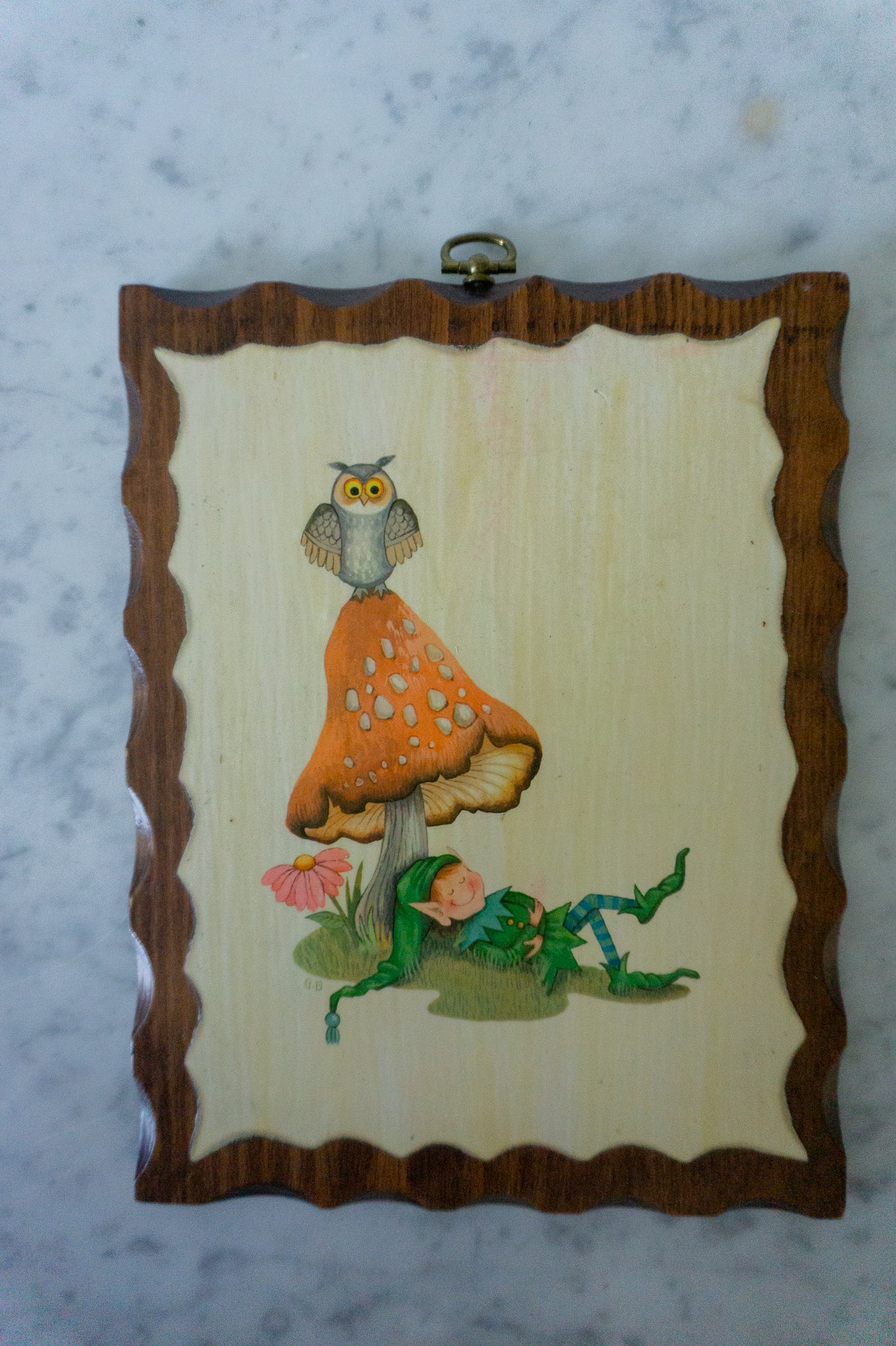 Mushroom Elf and Owl Wood Wall Hanging