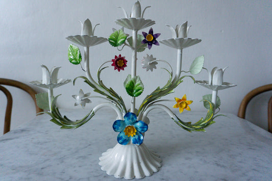 Vintage Tole Hand Painted Metal Floral Candelabra