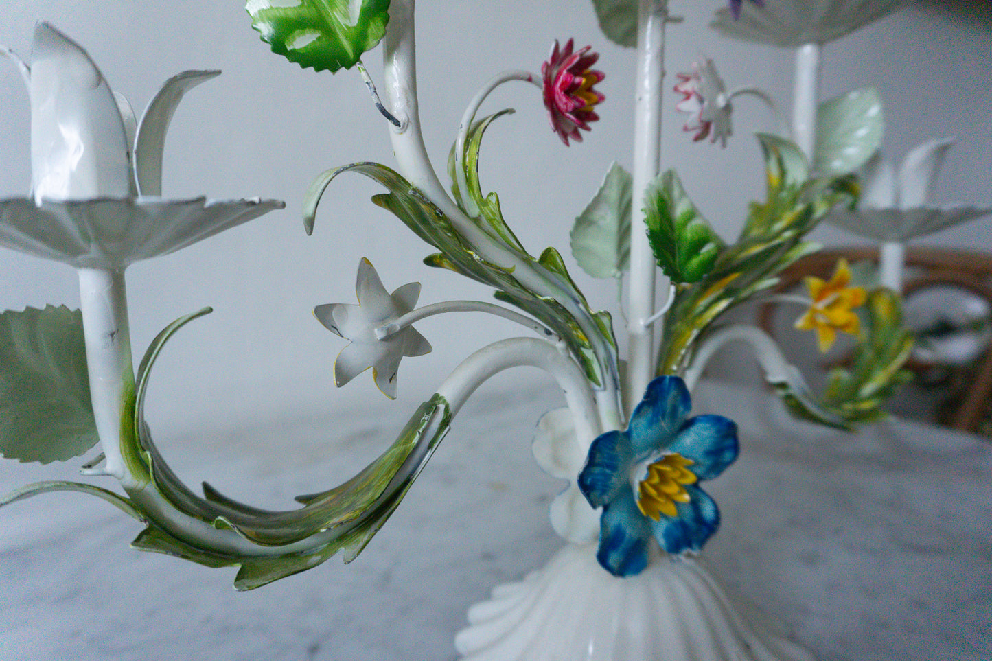 Vintage Tole Hand Painted Metal Floral Candelabra