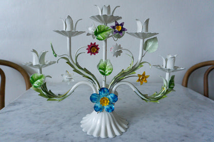 Vintage Tole Hand Painted Metal Floral Candelabra