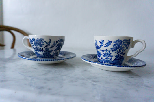 Blue and White Tea Cups and Saucers Ironstone, Made in England - Set of 2