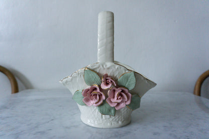 Shabby Chic Cream & Pink Floral Ceramic Basket