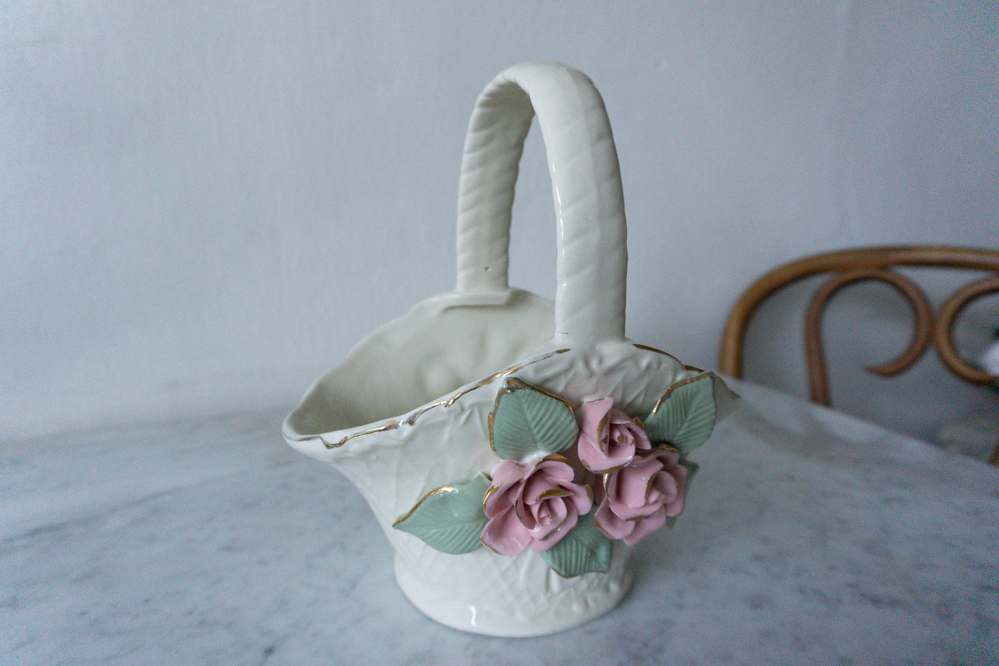 Shabby Chic Cream & Pink Floral Ceramic Basket