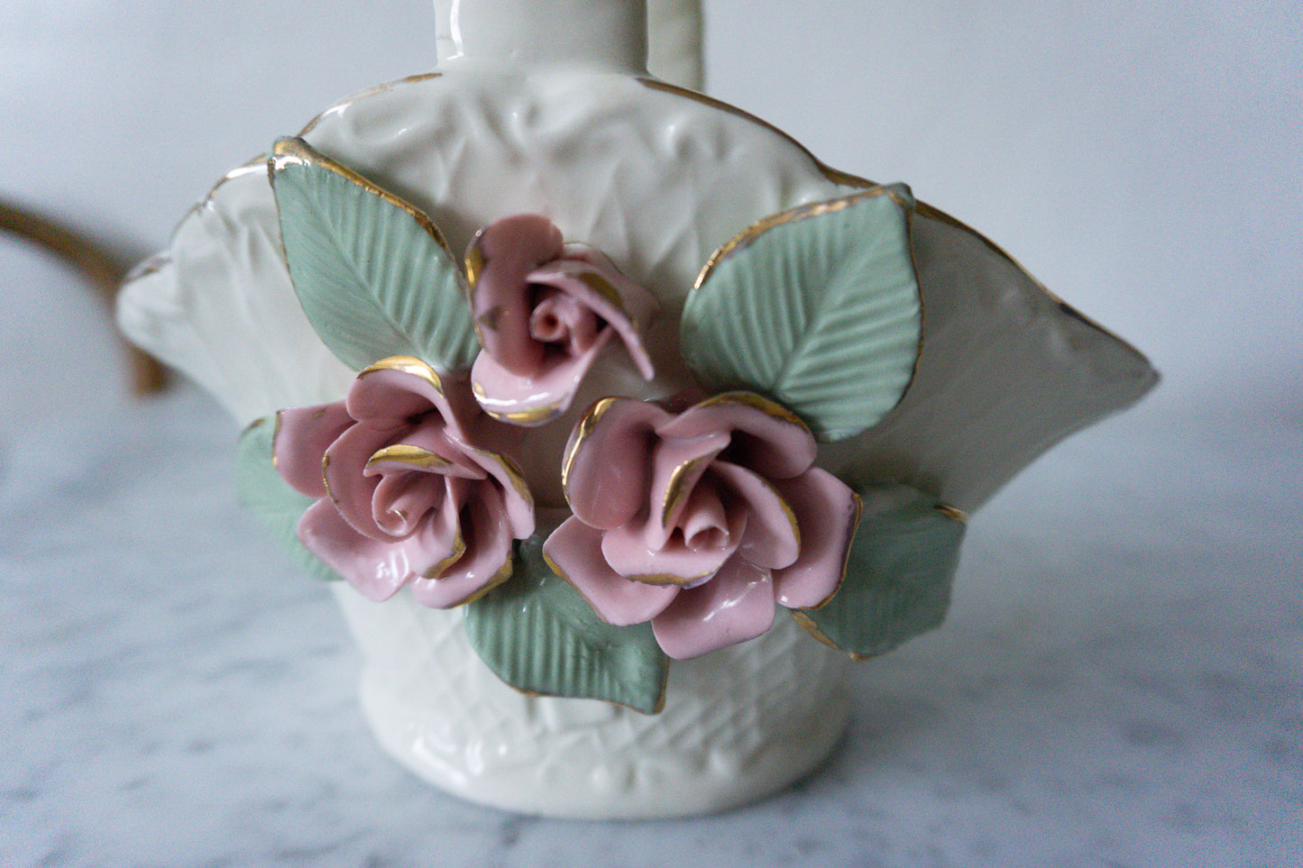 Shabby Chic Cream & Pink Floral Ceramic Basket