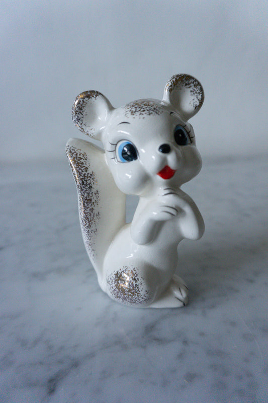 Vintage 1960's White Porcelain Squirrel Figurine, Handmade in Japan