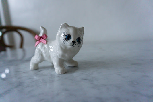 White Ceramic Cat Figurine with Long Eye Lashes and Pink Bow