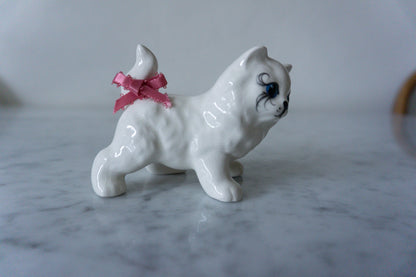 White Ceramic Cat Figurine with Long Eye Lashes and Pink Bow