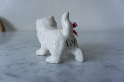 White Ceramic Cat Figurine with Long Eye Lashes and Pink Bow