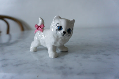 White Ceramic Cat Figurine with Long Eye Lashes and Pink Bow