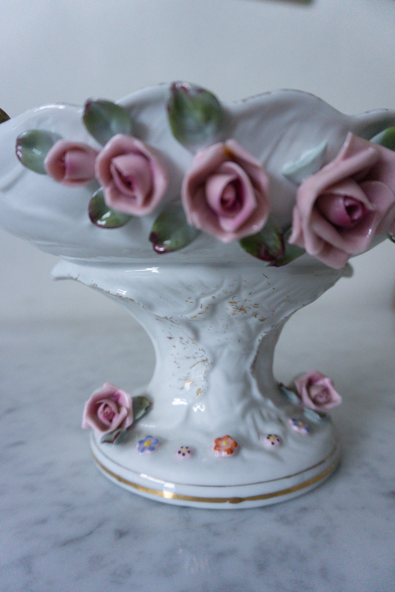 Napco Pedestal Candy Dish Porcelain Leaf Shaped Pedestal Bowl With Applied Flowers