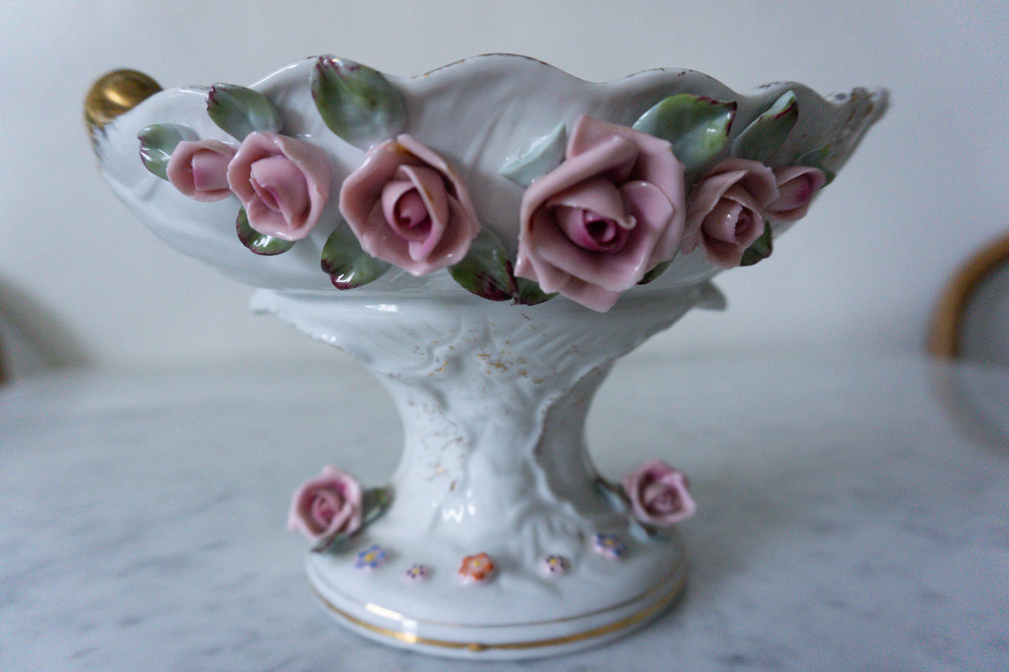 Napco Pedestal Candy Dish Porcelain Leaf Shaped Pedestal Bowl With Applied Flowers