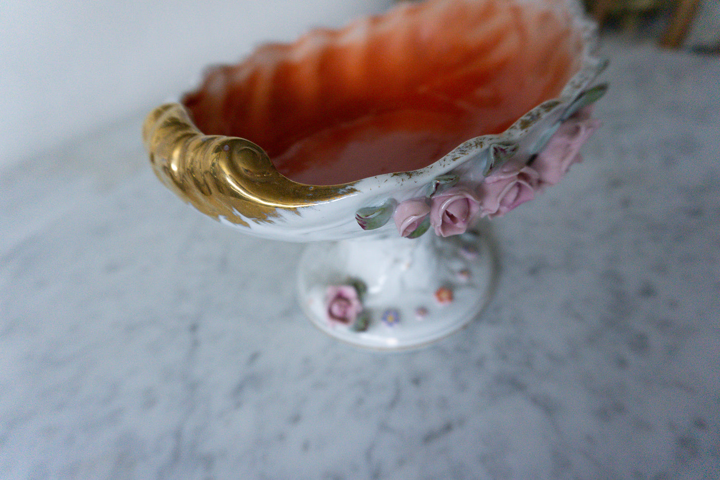 Napco Pedestal Candy Dish Porcelain Leaf Shaped Pedestal Bowl With Applied Flowers