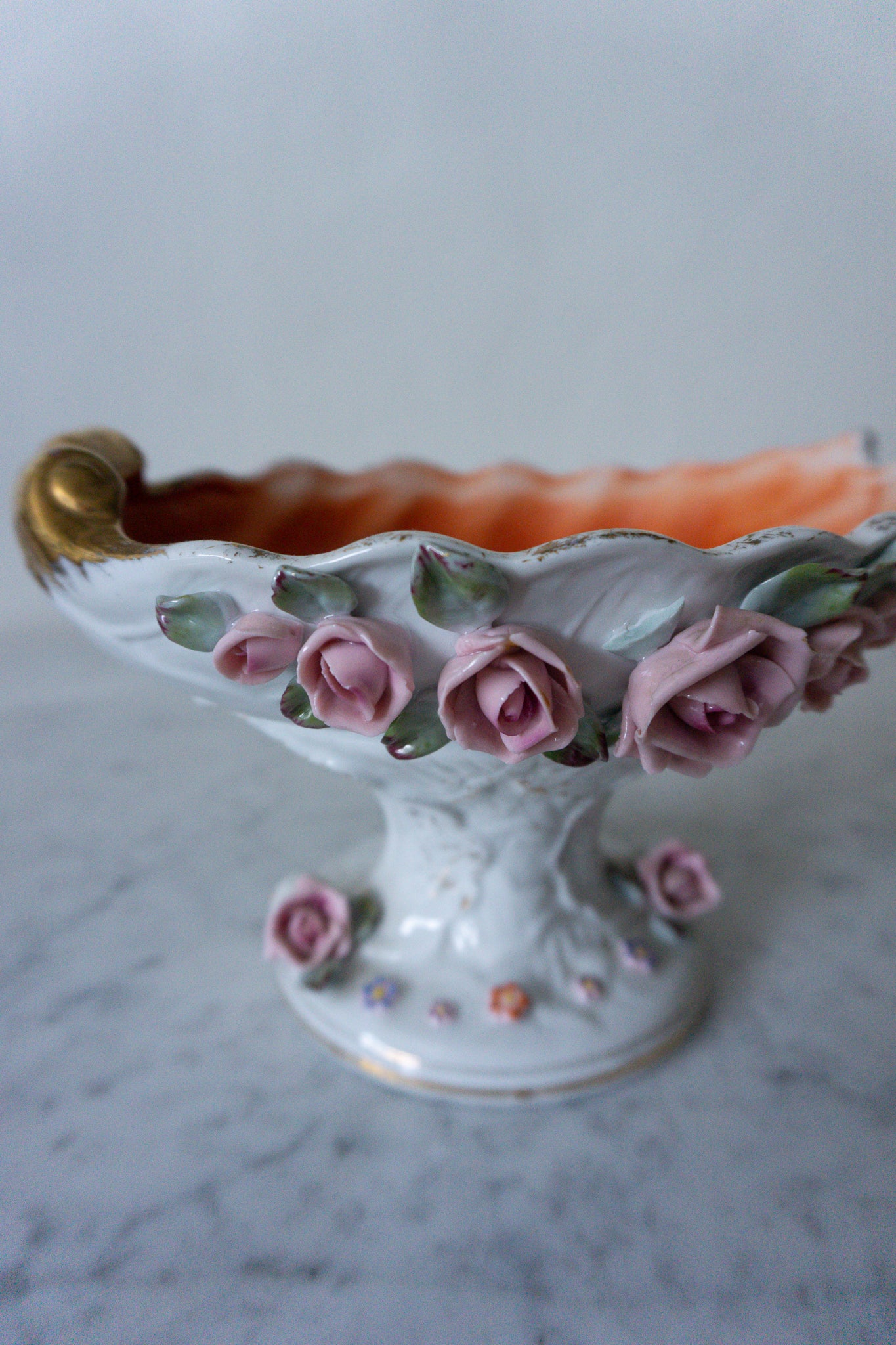 Napco Pedestal Candy Dish Porcelain Leaf Shaped Pedestal Bowl With Applied Flowers