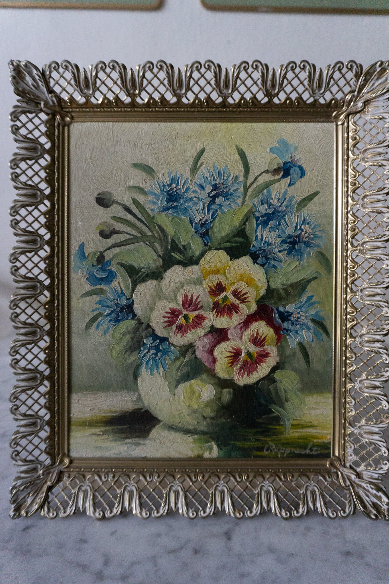 English Flowers Oil Painting in MCM Hollywood Regency Frame