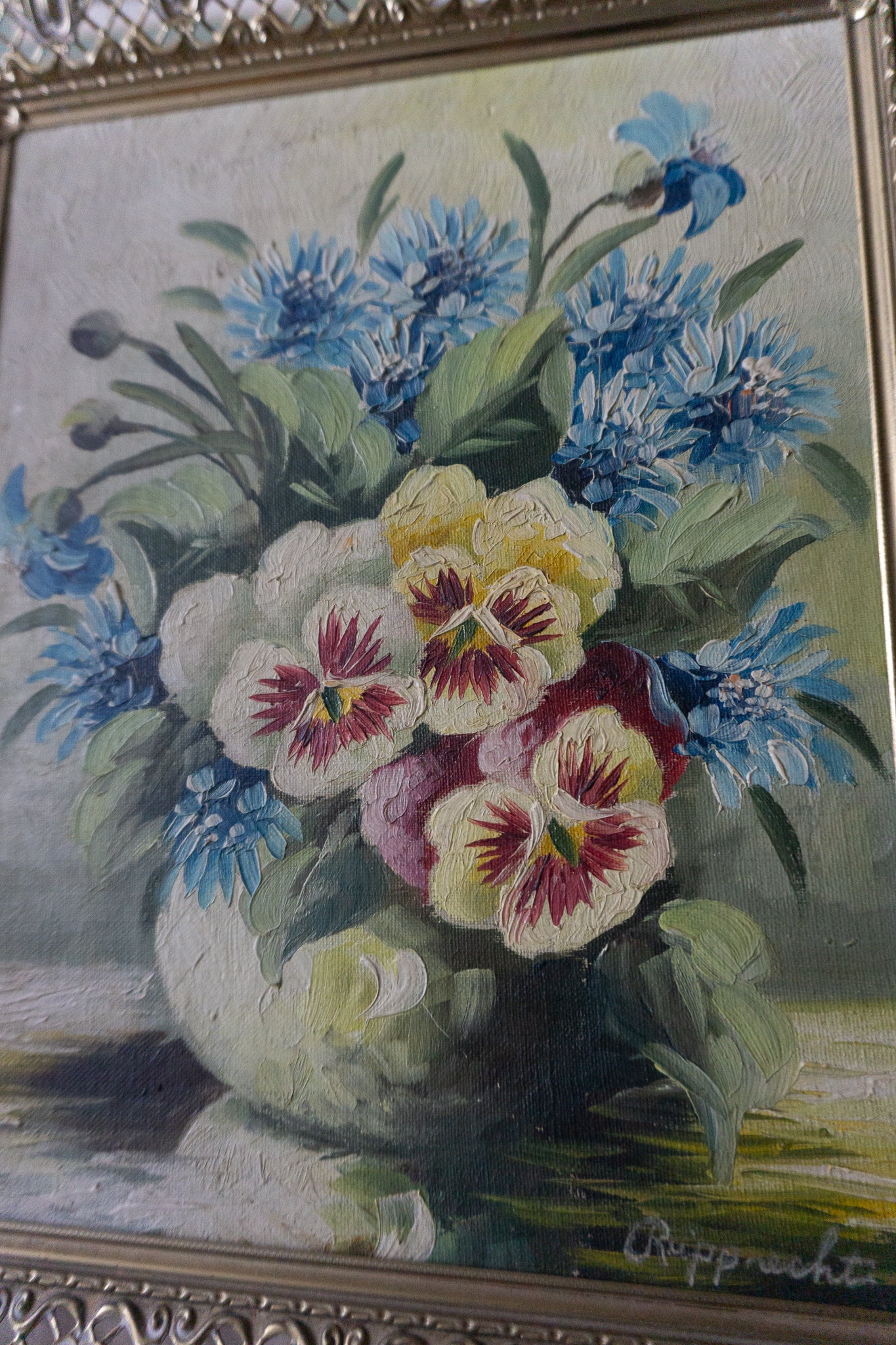 English Flowers Oil Painting in MCM Hollywood Regency Frame