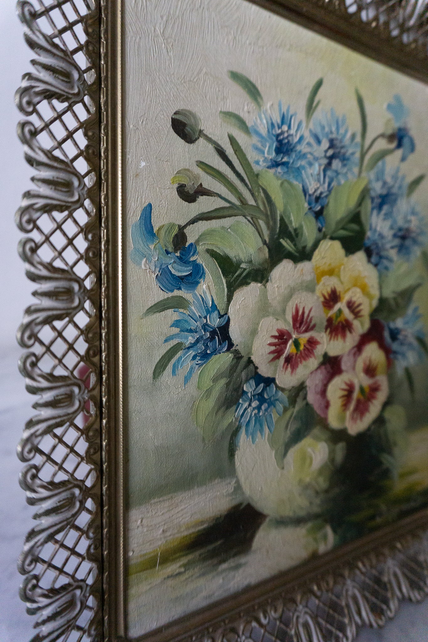 English Flowers Oil Painting in MCM Hollywood Regency Frame