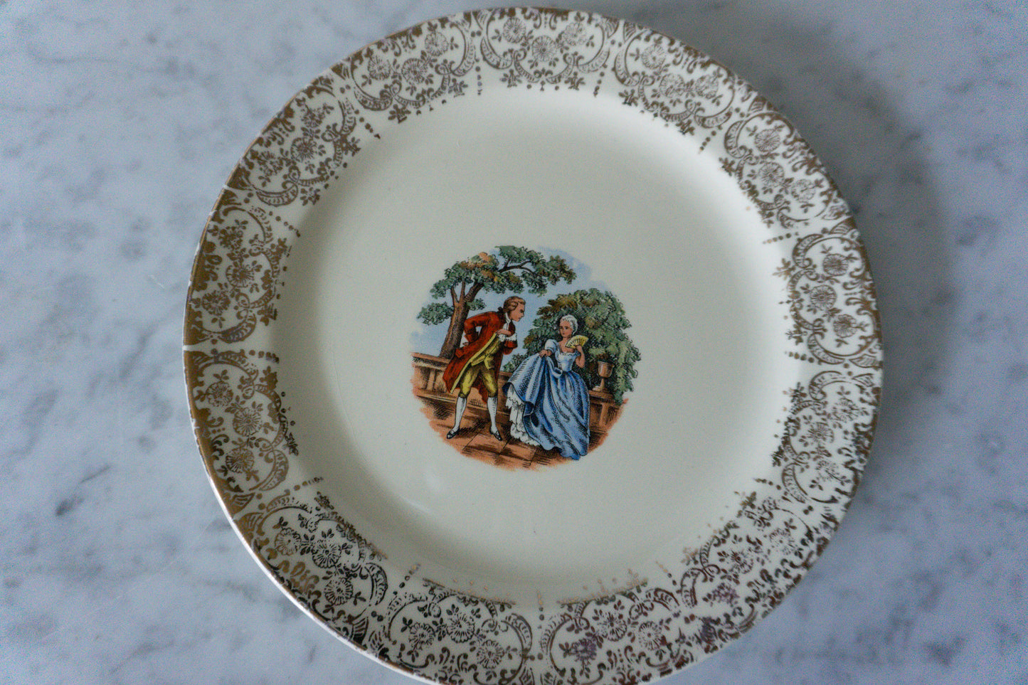 French Courting Scene Flat Cup & Saucer Set