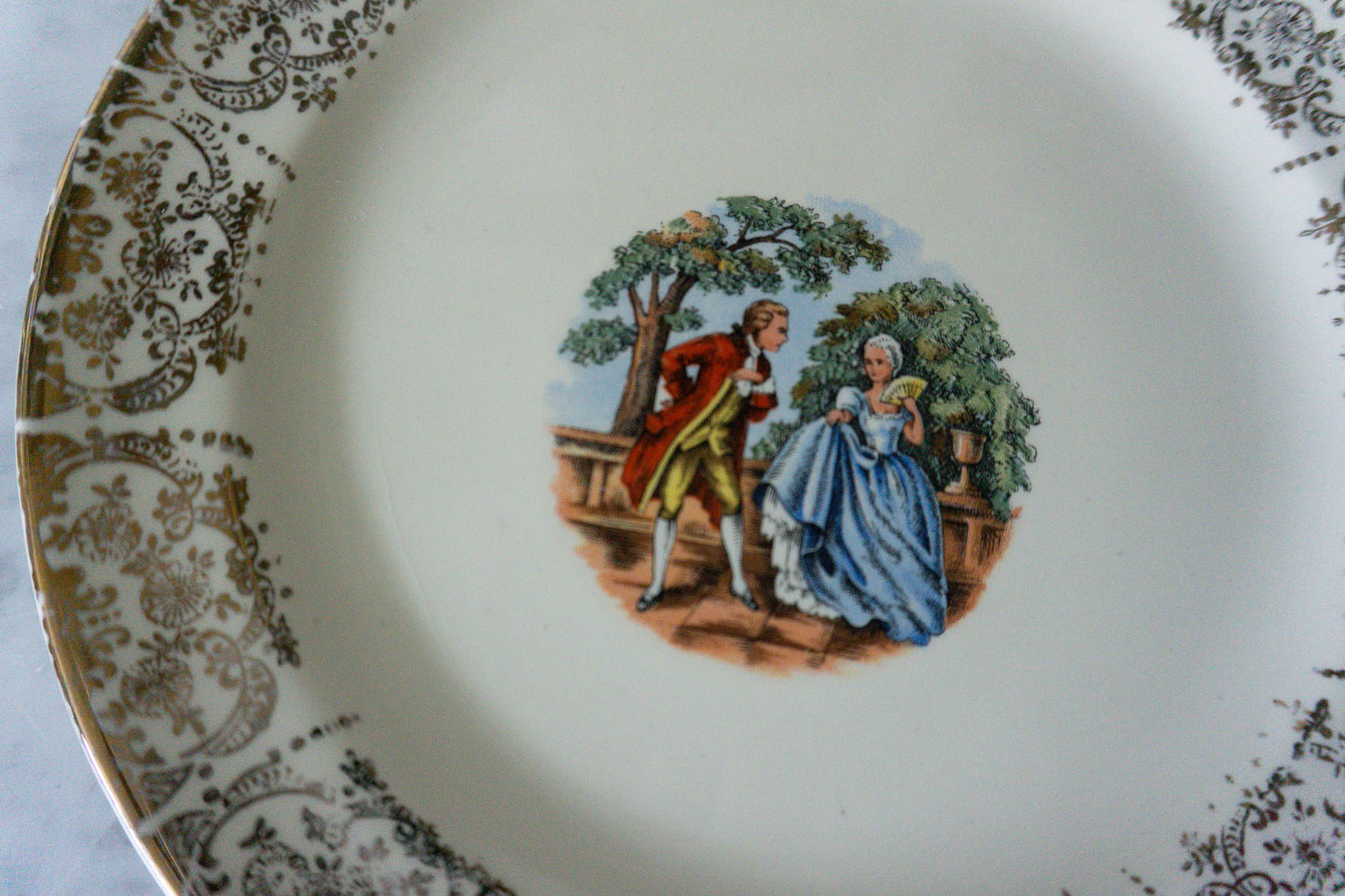 French Courting Scene Flat Cup & Saucer Set