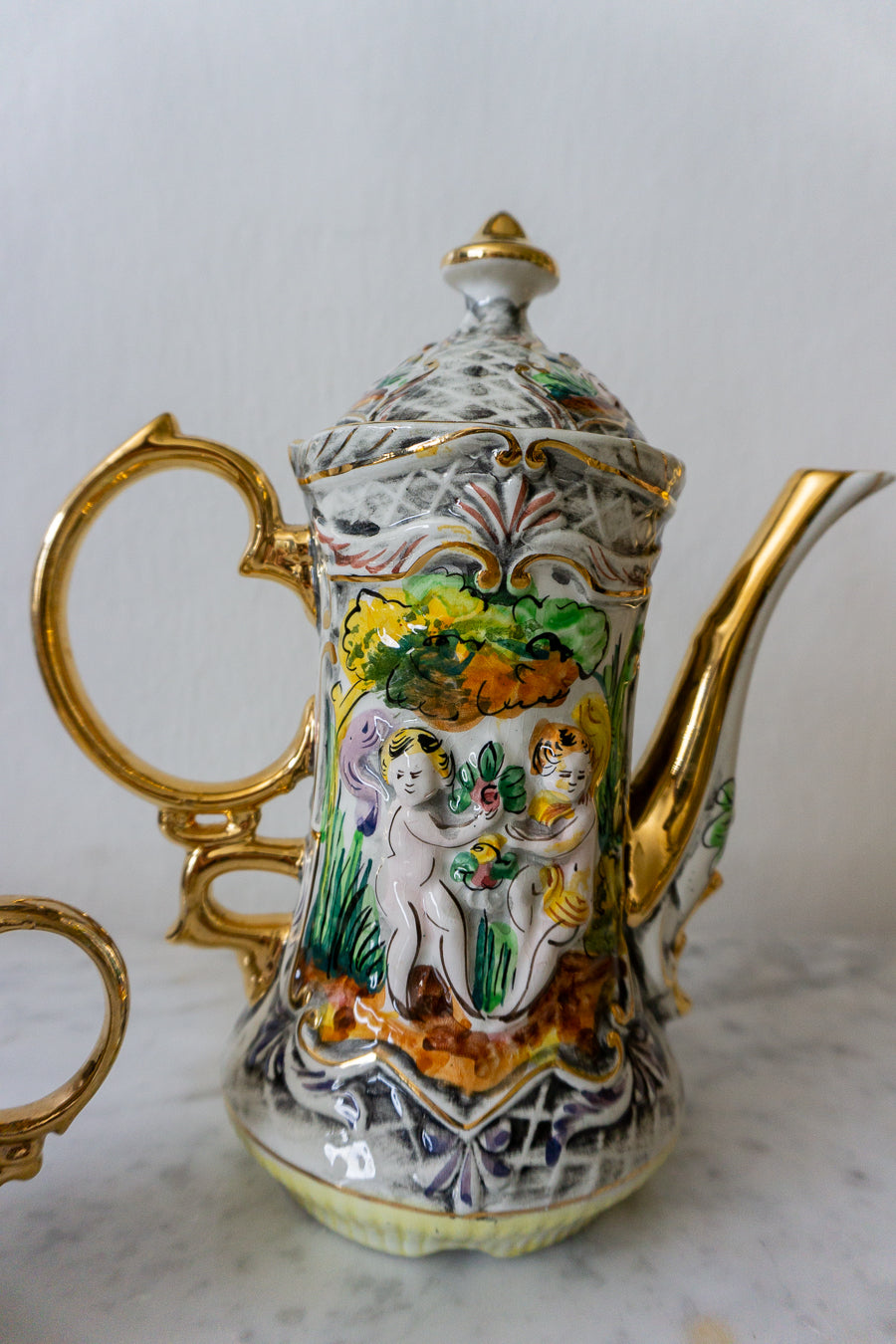 Vintage Pereiras Valado hand-painted porcelain tea set with gold gilded cherub designs