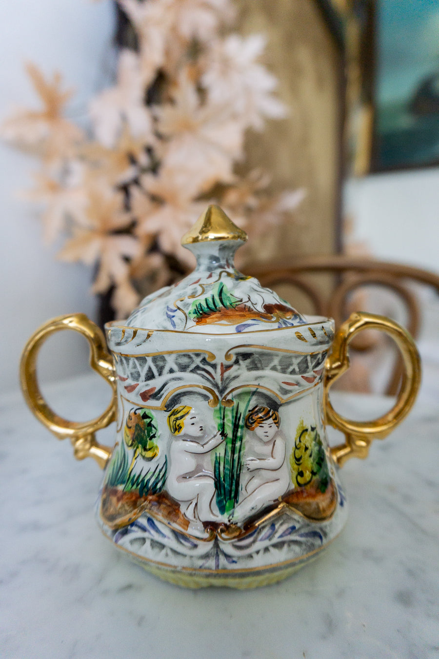 Hand-Painted Cherub Porcelain Tea Set, Made in Portugal
