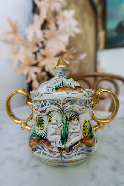 Hand-Painted Cherub Porcelain Tea Set, Made in Portugal