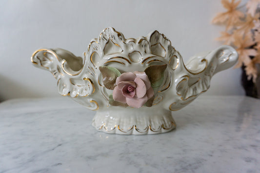 Handcrafted Cordey porcelain centerpiece with pink rose and gold accents, vintage American decor