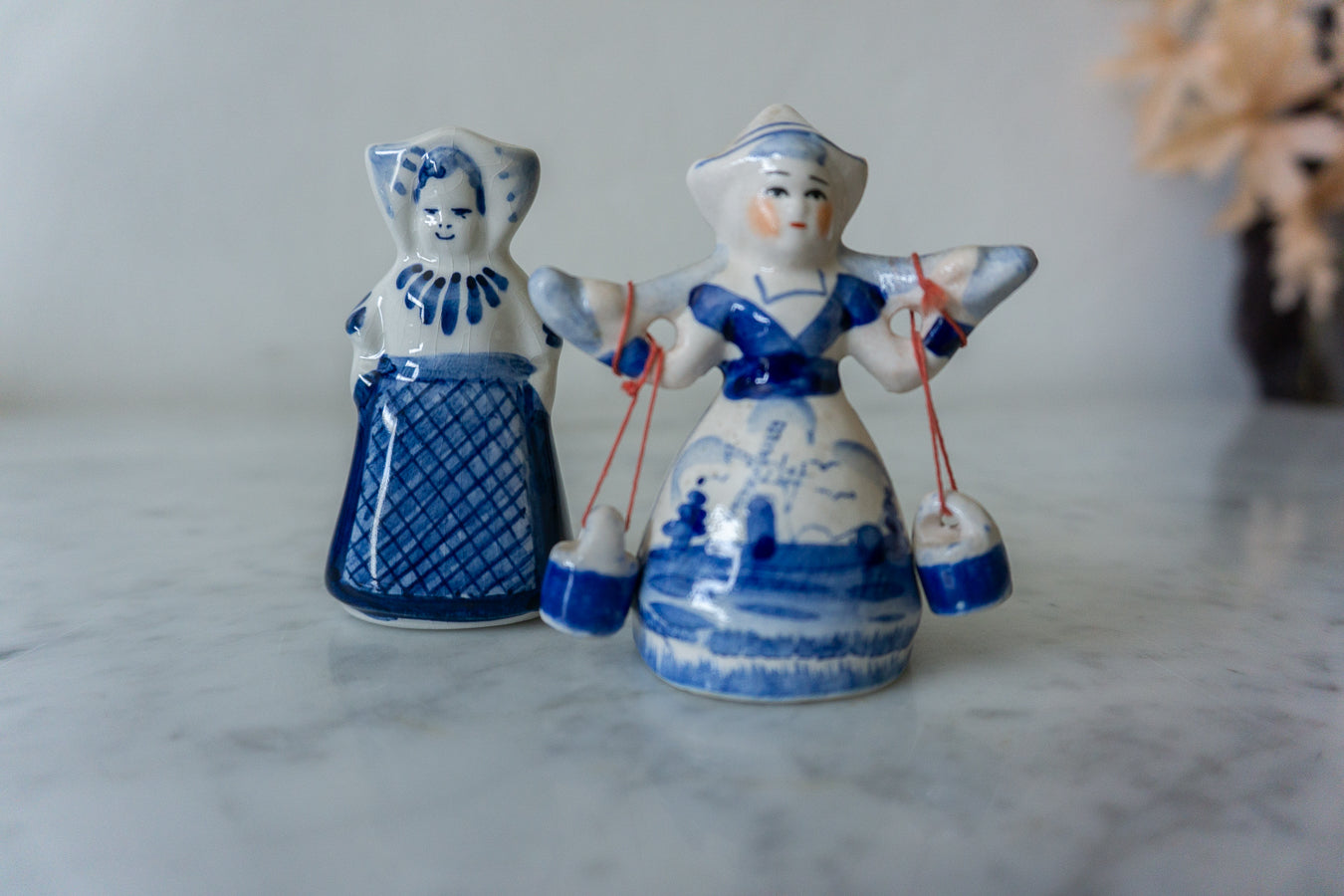 Vintage Dutch Delft Blue Ceramic Figurines - Milkmaid & Dutch Lady