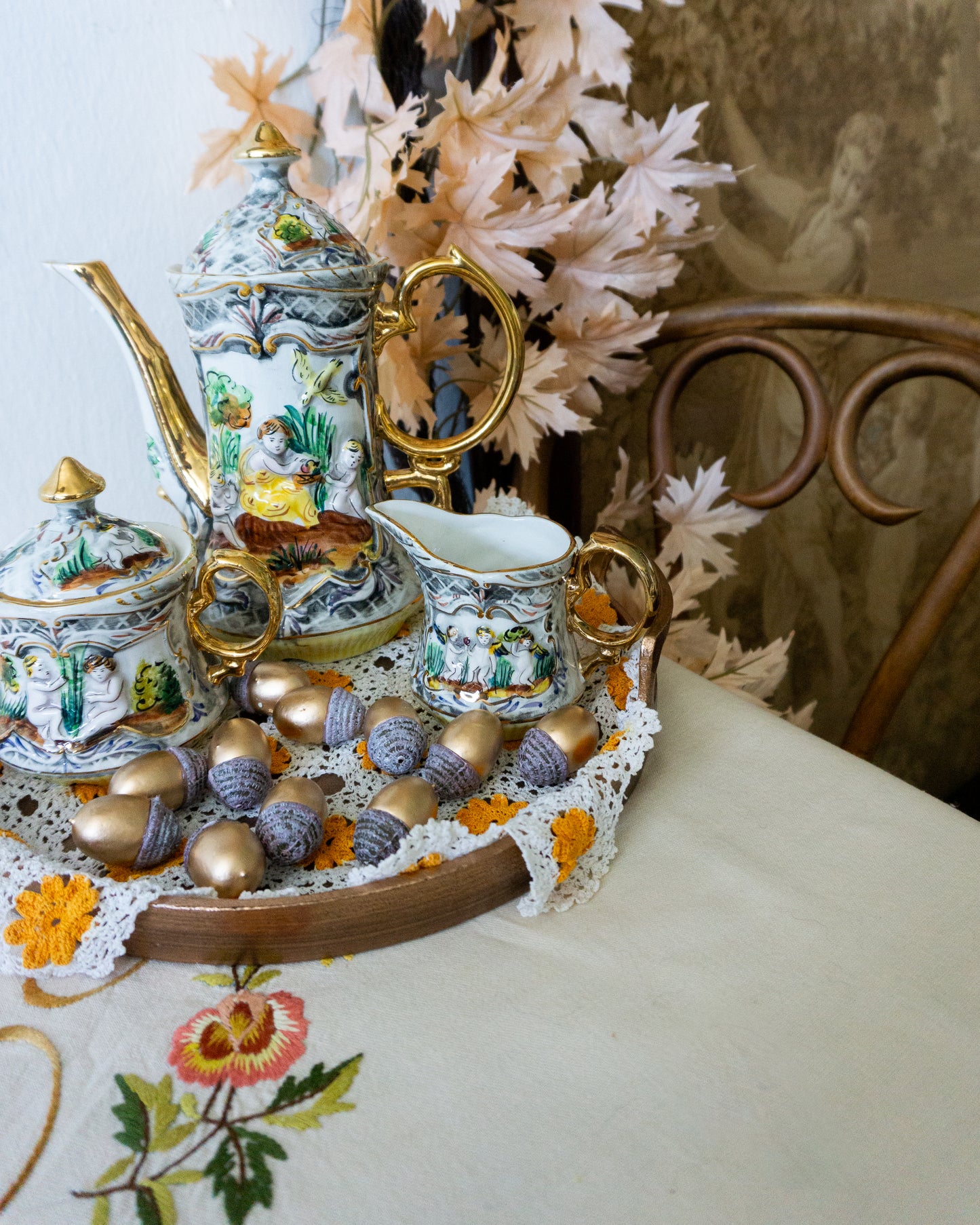 Hand-Painted Cherub Porcelain Tea Set, Made in Portugal