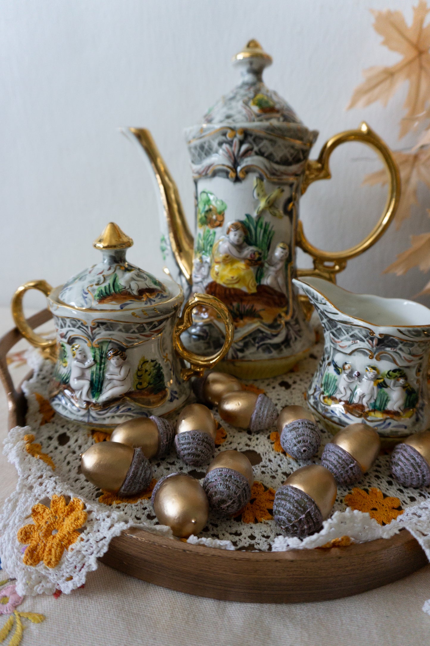 Hand-Painted Cherub Porcelain Tea Set, Made in Portugal