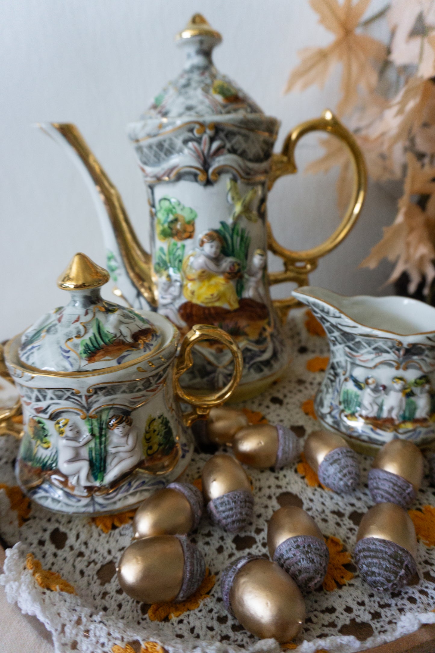 Hand-Painted Cherub Porcelain Tea Set, Made in Portugal