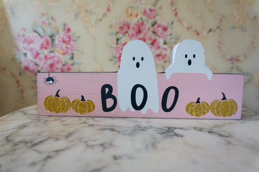 Pastel Pink Ghost Boo Wood Block Tabletop Sign