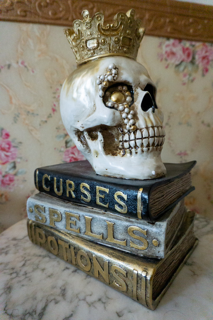 SKELETON WITH CROWN ON BOOKS Halloween