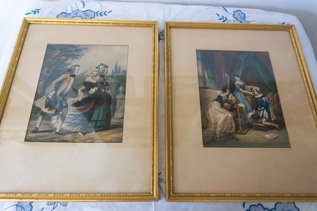 Detailed view of Victorian framed color lithographs.