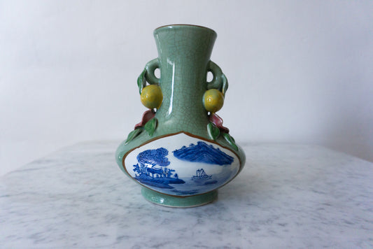 Elegant Vintage Chinese-Style Crackle Glaze Vase with Hand-Painted Landscape and Fruit Motif