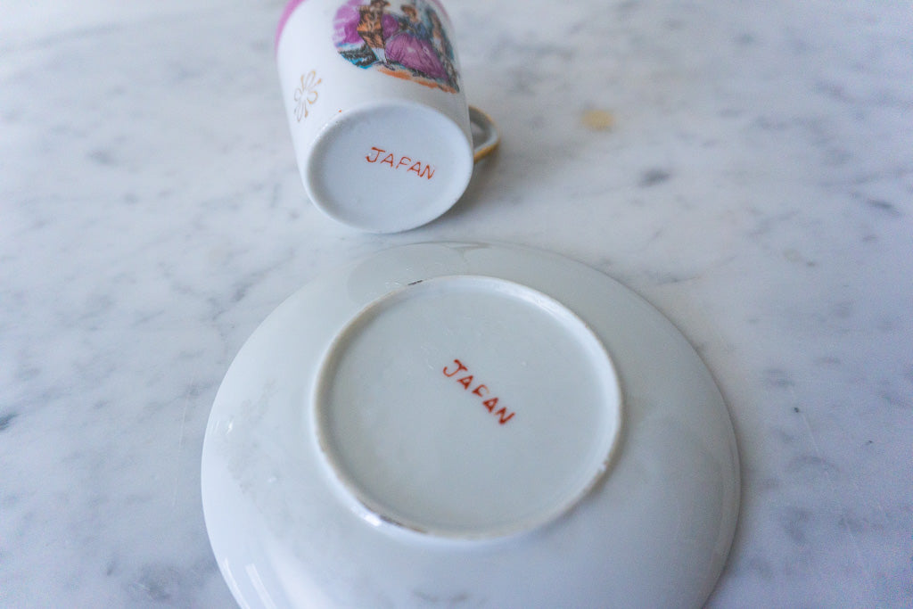 Bottom view showing "Japan" marking on the cup and saucer