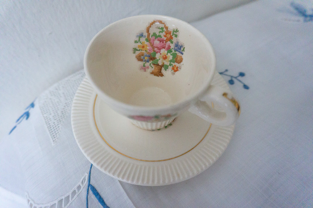 Vintage Salem China Teacup & Saucer Set Basket Petite Point Pattern