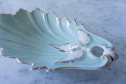 Close-up of the KPM Bavaria Leaf Dish showing gold trim and pastel green glaze