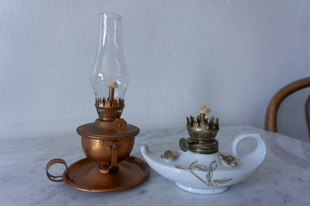 Vintage Miniature Porcelain Oil Lamp Set – Handcrafted and Ornate