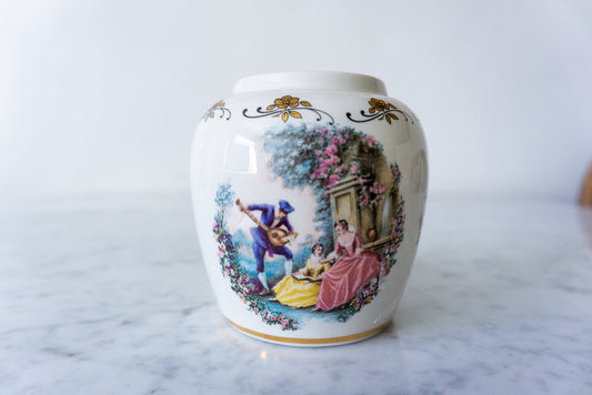 Lord Nelson Pottery vase with Victorian-era courting couple scene.