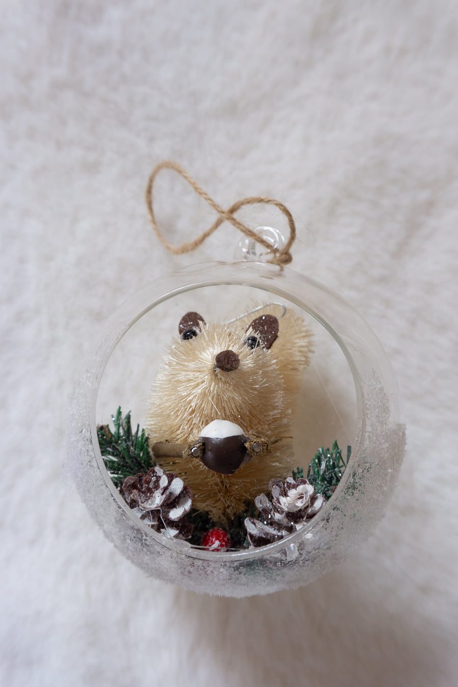 Bottlebrush Squirrel & Pinecones in Snowy Glass Christmas Tree Ornament