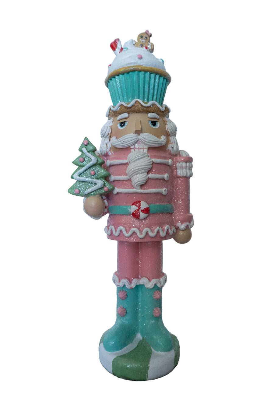 Decorative nutcracker figurine with a cupcake on a white background