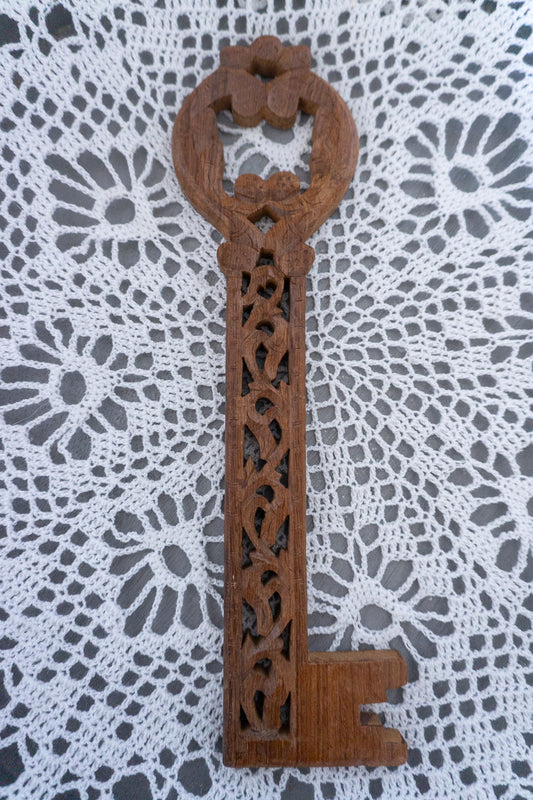Vintage Long Hand Carved Wood Key Wall Decor