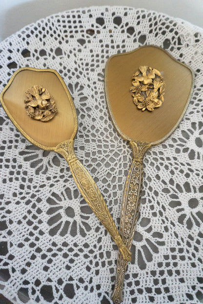 Vintage Brass Hand Mirror and Brush